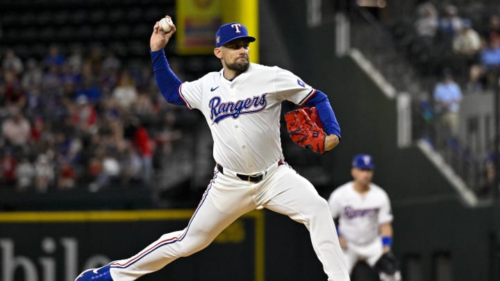 May 2, 2024; Arlington, Texas, USA; Texas Rangers starting pitcher Nathan Eovaldi (17) pitches against the Washington Nationals during the first inning at Globe Life Field. Mandatory Credit: Jerome Miron-USA TODAY Sports