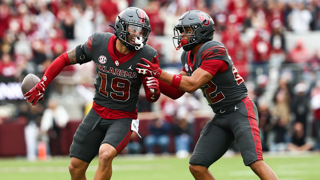 OU defensive back Jacobe Johnson (19) celebrates with defensive back Peyton Bowen (22) after intercepting a pass during the third quarter against Missouri Tigers at Gaylord Family — Oklahoma Memorial Stadium on Saturday. 