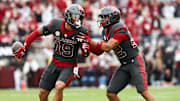 OU defensive back Jacobe Johnson (19) celebrates with defensive back Peyton Bowen (22) after intercepting a pass during the third quarter against Missouri Tigers at Gaylord Family — Oklahoma Memorial Stadium on Saturday. 