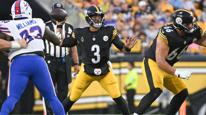 Aug 17, 2024; Pittsburgh, Pennsylvania, USA;  Pittsburgh Steelers quarterback Russell Wilson (3) passes against the Buffalo Bills during the second quarter at Acrisure Stadium. Mandatory Credit: Barry Reeger-USA TODAY Sports