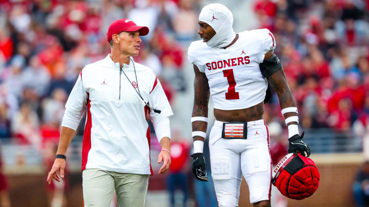 Apr 20, 2024; Norman, OK, USA; Oklahoma Sooners head coach Brent Venables speaks with Oklahoma Sooners linebacker Dasan McCullough (1) during the Oklahoma Sooners spring game at Gaylord Family OK Memorial Stadium. Mandatory Credit: Kevin Jairaj-USA TODAY Sports