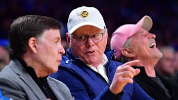 Mar 6, 2025; Los Angeles, California, USA; Network executive David Zaslav and Bob Costas attend the game between the Los Angeles Lakers and New York Knicks during the first half at Crypto.com Arena. 