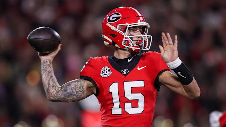 Georgia quarterback Carson Beck throws a pass.