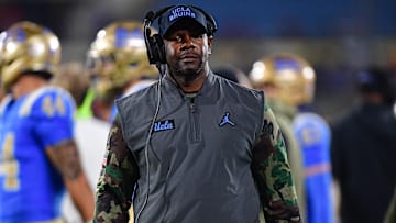 Nov 8, 2025; Pasadena, California, USA; UCLA Bruins interim head coach Tim Skipper during the first half at the Rose Bowl. Mandatory Credit: Gary A. Vasquez-Imagn Images