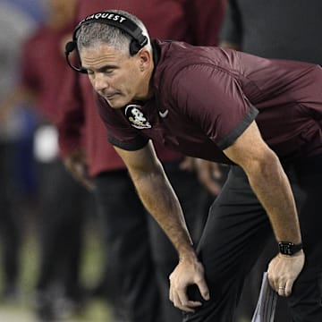 Sep 28, 2024; Dallas, Texas, USA; Florida State Seminoles head coach Mike Norvell during the game between the Southern Methodist Mustangs and the Florida State Seminoles at Gerald J. Ford Stadium. Mandatory Credit: Jerome Miron-Imagn Images