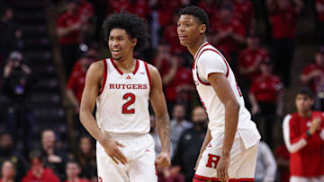 Jan 13, 2025; Piscataway, New Jersey, USA; Rutgers Scarlet Knights guard Dylan Harper (2) celebrates in front of guard Ace Bailey (4) during the second half against the UCLA Bruins at Jersey Mike's Arena. Mandatory Credit: Vincent Carchietta-Imagn Images