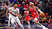 Dec 3, 2024; Inglewood, California, USA; Los Angeles Clippers guard Jordan Miller (11) moves the ball against Portland Trail Blazers guard Shaedon Sharpe (17) during the first half at Intuit Dome. Mandatory Credit: Gary A. Vasquez-Imagn Images
