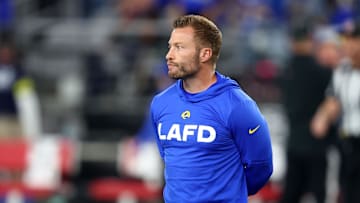Jan 13, 2025; Glendale, AZ, USA; Los Angeles Rams head coach Sean McVay before the NFC wild card game against the Minnesota Vikings at State Farm Stadium. Mandatory Credit: Mark J. Rebilas-Imagn Images
