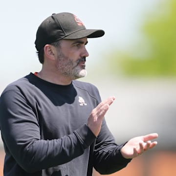 May 10, 2025; Berea, OH, USA; Cleveland Browns head coach Kevin Stefanski watches during rookie minicamp at CrossCountry Mortgage Campus. Mandatory Credit: Ken Blaze-Imagn Images