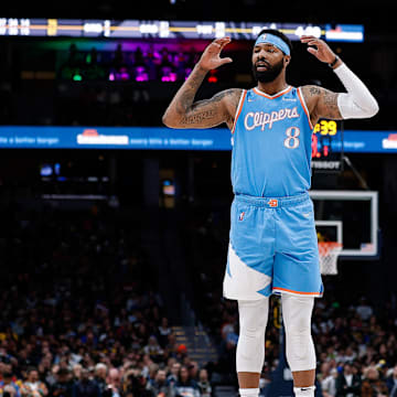 Mar 22, 2022; Denver, Colorado, USA; Los Angeles Clippers forward Marcus Morris Sr. (8) reacts in the third quarter against the Denver Nuggets at Ball Arena. Mandatory Credit: Isaiah J. Downing-Imagn Images