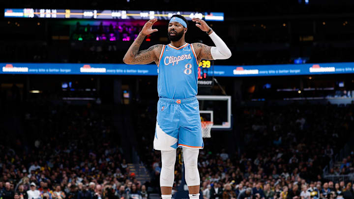 Mar 22, 2022; Denver, Colorado, USA; Los Angeles Clippers forward Marcus Morris Sr. (8) reacts in the third quarter against the Denver Nuggets at Ball Arena. Mandatory Credit: Isaiah J. Downing-Imagn Images