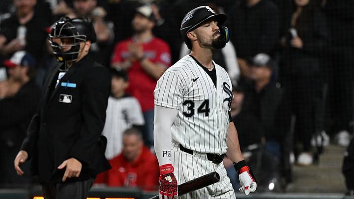 Oct 8, 2026; Chicago, Illinois, USA;  Chicago White Sox left fielder Randal Grichuk (34) reacts after striking out during the third inning against the Cleveland Guardians in game four of the ALDS for the 2026 MLB Playoffs at Rate Field.  Mandatory Credit: Matt Marton-Imagn Images