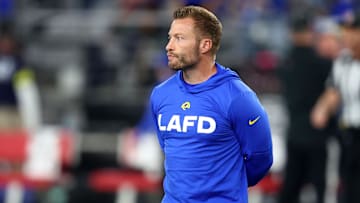 Jan 13, 2025; Glendale, AZ, USA; Los Angeles Rams head coach Sean McVay before the NFC wild card game against the Minnesota Vikings at State Farm Stadium. Mandatory Credit: Mark J. Rebilas-Imagn Images