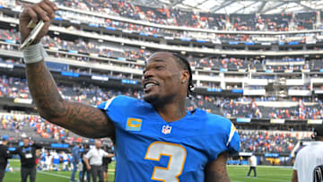 Sep 21, 2025; Inglewood, California, USA;  Los Angeles Chargers free safety Derwin James (3) celebrates after defeating the Denver Broncos 23-20 at SoFi Stadium. Mandatory Credit: Jayne Kamin-Oncea-Imagn Images