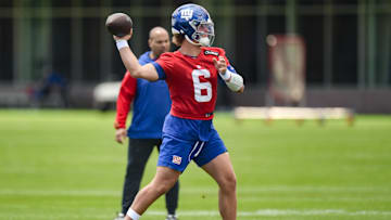 May 10, 2025; East Rutherford, NJ, USA; New York Giants quarterback Jaxson Dart (6) participates in a drill during rookie minicamp at Quest Diagnostics Training Center. Mandatory Credit: John Jones-Imagn Images