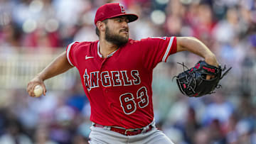 Jul 31, 2023; Cumberland, Georgia, USA; Los Angeles Angels starting pitcher Chase Silseth (63)