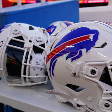 Jan 26, 2025; Kansas City, MO, USA; A detailed view of the Buffalo Bills helmet before the AFC Championship game against the Kansas City Chiefs at GEHA Field at Arrowhead Stadium. Mandatory Credit: Denny Medley-Imagn Images