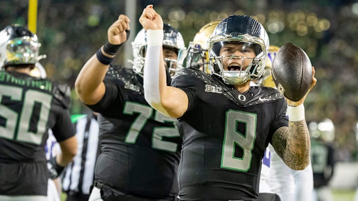 Oregon quarterback Dillon Gabriel dances to celebrate a touchdown as the No. 1 Oregon Ducks host the Washington Huskies Saturday, Nov. 30, 2024 at Autzen Stadium in Eugene, Ore. Oregon quarterback Dillon Gabriel dances to celebrate a touchdown as the No. 1 Oregon Ducks host the Washington Huskies Saturday, Nov. 30, 2024 at Autzen Stadium in Eugene, Ore.