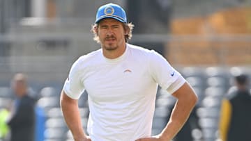 Sep 22, 2024; Pittsburgh, Pennsylvania, USA; Los Angeles Chargers quarterback Justin Herbert (10) works out before a game against the Pittsburgh Steelers at Acrisure Stadium. Mandatory Credit: Barry Reeger-Imagn Images