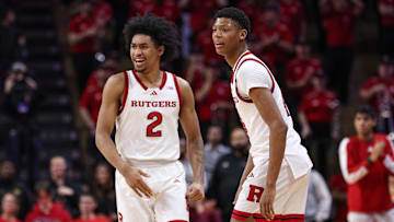 Jan 13, 2025; Piscataway, New Jersey, USA; Rutgers Scarlet Knights guard Dylan Harper (2) celebrates in front of guard Ace Bailey (4) during the second half against the UCLA Bruins at Jersey Mike's Arena. Mandatory Credit: Vincent Carchietta-Imagn Images