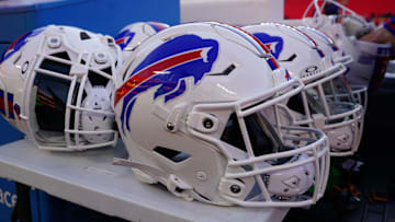  A detailed view of the Buffalo Bills helmet before the AFC Championship game against the Kansas City Chiefs at GEHA Field at Arrowhead Stadium. Mandatory Credit: Denny Medley-Imagn Images