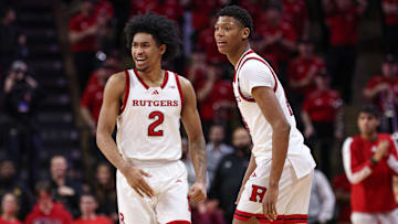 Jan 13, 2025; Piscataway, New Jersey, USA; Rutgers Scarlet Knights guard Dylan Harper (2) celebrates in front of guard Ace Bailey (4) during the second half against the UCLA Bruins at Jersey Mike's Arena. Mandatory Credit: Vincent Carchietta-Imagn Images