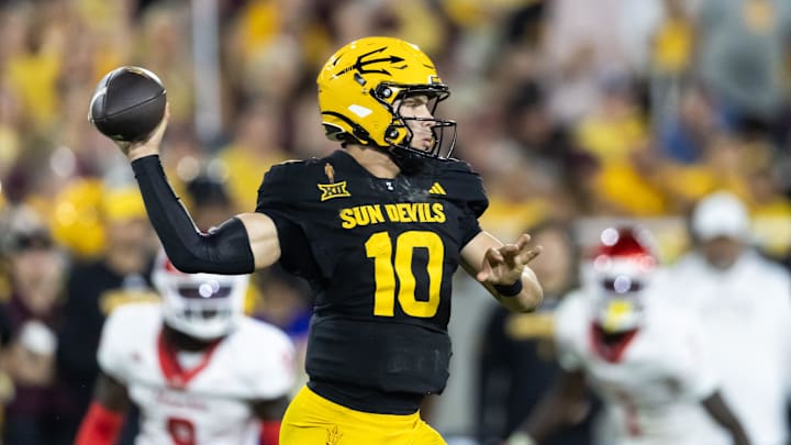 Oct 25, 2025; Tempe, Arizona, USA; Arizona State Sun Devils quarterback Sam Leavitt (10) against the Houston Cougars in the second half at Mountain America Stadium. Mandatory Credit: Mark J. Rebilas-Imagn Images