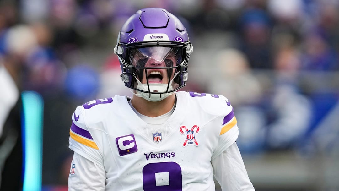 Minnesota Vikings quarterback J.J. McCarthy (9) reacts during a game against the New York Giants at MetLife Stadium, Dec 21, 2025, East Rutherford, NJ, USA