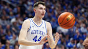 Feb 10, 2024; Lexington, Kentucky, USA; Kentucky Wildcats forward Zvonimir Ivisic (44) passes the ball during the second half against the Gonzaga Bulldogs at Rupp Arena at Central Bank Center. Mandatory Credit: Jordan Prather-Imagn Images
