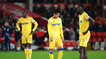 Dejected looking Crystal Palace players during their defeat at Nottingham Forest on Monday night 