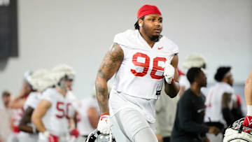 Ohio State Buckeyes defensive end Eddrick Houston (96) runs during spring football practice at the Woody Hayes Athletic Center in Columbus on March 19, 2025.