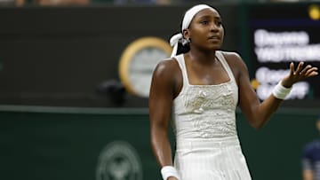 Coco Gauff reacts after missing a shot against Dayana Yastremska on Day 2 at Wimbledon. 