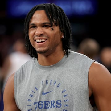 Feb 26, 2025; New York, New York, USA; Philadelphia 76ers guard Ricky Council IV (14) warms up before a game against the New York Knicks at Madison Square Garden. Mandatory Credit: Brad Penner-Imagn Images