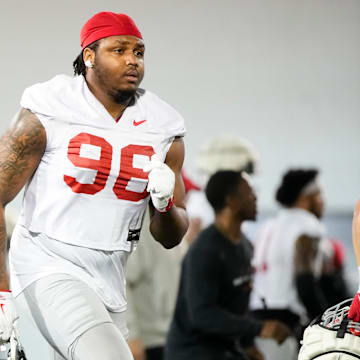 Ohio State Buckeyes defensive end Eddrick Houston (96) runs during spring football practice at the Woody Hayes Athletic Center in Columbus on March 19, 2025.