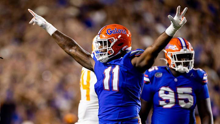 Sep 16, 2023; Gainesville, Florida, USA; Florida Gators defensive end Kelby Collins (11) celebrates during the second half against the Tennessee Volunteers at Ben Hill Griffin Stadium. Mandatory Credit: Matt Pendleton-Imagn Images