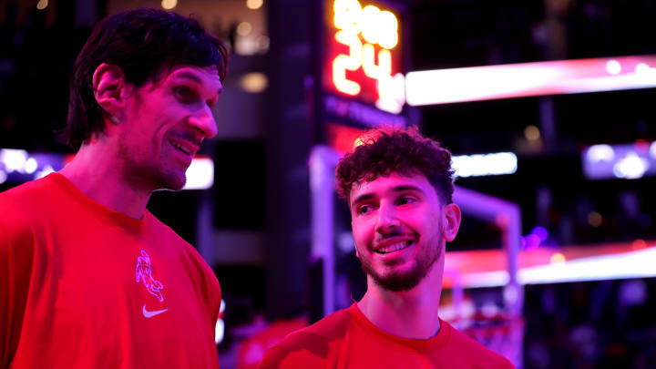 Nov 22, 2023; Houston, Texas, USA; Houston Rockets center Boban Marjanovic (51) and Houston Rockets center Alperen Sengun (28)during the national anthem prior to the game against the Memphis Grizzlies at Toyota Center. Mandatory Credit: Erik Williams-USA TODAY Sports