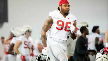 Ohio State Buckeyes defensive end Eddrick Houston (96) runs during spring football practice at the Woody Hayes Athletic Center in Columbus on March 19, 2025.
