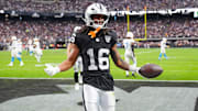 Jan 5, 2025; Paradise, Nevada, USA; Las Vegas Raiders wide receiver Jakobi Meyers (16) celebrates after scoring a touchdown against the Los Angeles Chargers during the second quarter at Allegiant Stadium. Mandatory Credit: Stephen R. Sylvanie-Imagn Images