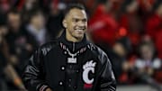 Nov 11, 2022; Cincinnati, Ohio, USA; Cincinnati Bearcats former player Desmond Ridder during the first half in the game against the East Carolina Pirates at Nippert Stadium. Mandatory Credit: Katie Stratman-Imagn Images