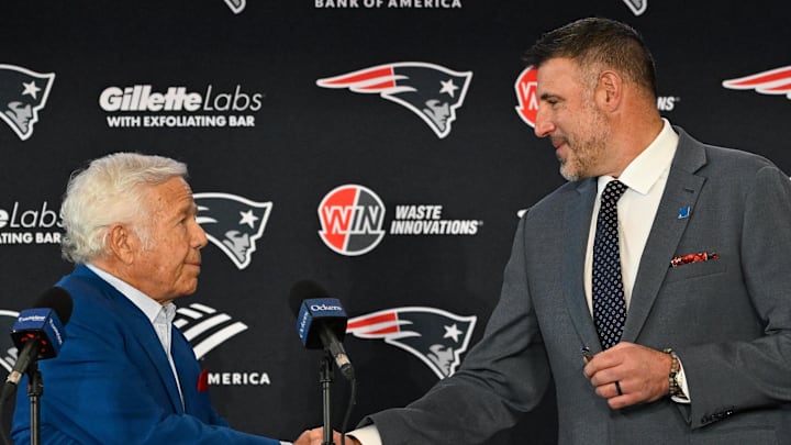 Jan 13, 2025; Foxborough, MA, USA; New England Patriots owner Robert Kraft (left) introduces Mike Vrabel as the new head coach of the New England Patriots at Gillette Stadium. Mandatory Credit: Eric Canha-Imagn Images