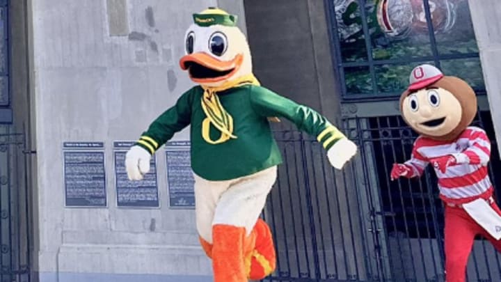 The Oregon Duck mascot, Ohio State Buckeye Brutus