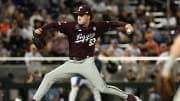 Jun 19, 2024; Omaha, NE, USA;  Texas A&M Aggies pitcher Evan Aschenbeck (53) throws against the Florida Gators during the eighth inning at Charles Schwab Field Omaha. Mandatory Credit: Steven Branscombe-USA TODAY Sports