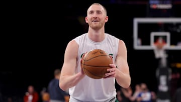 May 16, 2025; New York, New York, USA; Boston Celtics forward Sam Hauser (30) warms up before game six in the second round of the 2025 NBA Playoffs against the New York Knicks at Madison Square Garden. Mandatory Credit: Brad Penner-Imagn Images