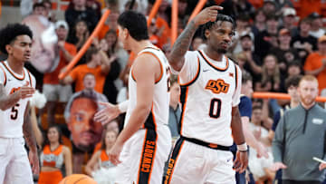 Oklahoma State Cowboys guard Jaylen Curry (0) celebrates during an NCAA basketball game between the Oklahoma State University Cowboys (OSU) and Oral Roberts at Gallagher-Iba Arena in Stillwater, Okla., Tuesday, Nov. 4, 2025. Oklahoma State on 95-71.