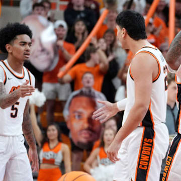 Oklahoma State Cowboys guard Jaylen Curry (0) celebrates during an NCAA basketball game between the Oklahoma State University Cowboys (OSU) and Oral Roberts at Gallagher-Iba Arena in Stillwater, Okla., Tuesday, Nov. 4, 2025. Oklahoma State on 95-71.