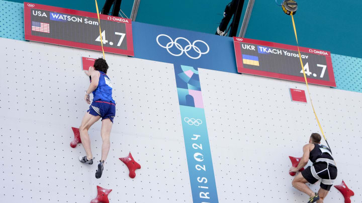 Aug 6, 2024; Le Bourget, France; Sam Watson of Team United States and Yaroslav Tkach of Team Ukraine during the Paris 2024 Olympic Summer Games at Le Bourget Sport Climbing Venue. Mandatory Credit: Jack Gruber-USA TODAY Sports