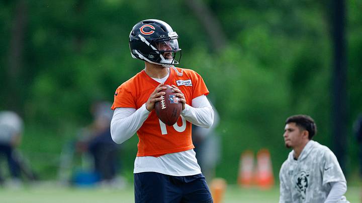 Jun 11, 2026; Lake Forest, IL, USA; Chicago Bears quarterback Caleb Williams (18) looks to pass the ball during Minicamp at Halas Hall. Mandatory Credit: Kamil Krzaczynski-Imagn Images