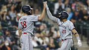 Sep 15, 2023; Chicago, Illinois, USA; Minnesota Twins third baseman Royce Lewis (23) celebrates with right fielder Matt Wallner (38) after hitting a grand slam against the Chicago White Sox during the second inning at Guaranteed Rate Field.