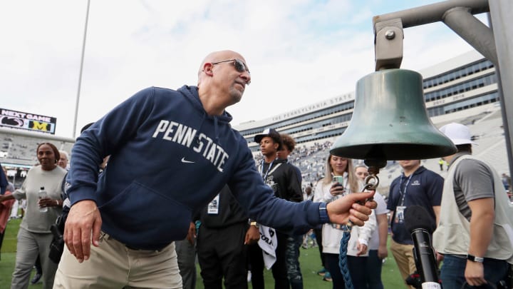 Penn State coach James Franklin rings the victory bell following a Nittany Lions victory at Beaver Stadium. 