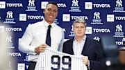 Dec 21, 2022; Bronx, New York, USA; Aaron Judge poses with Hal Steinbrenner during a press conference at Yankee Stadium. Mandatory Credit: Jessica Alcheh-Imagn Images